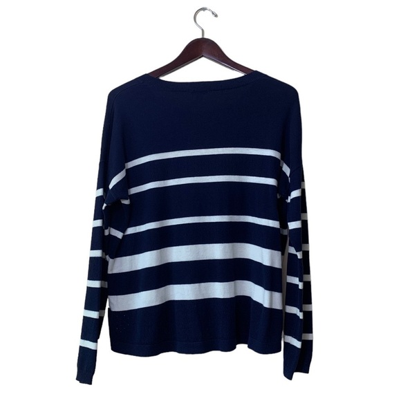 GAP Navy White Stripe Long Sleeve Cotton Blend Boat Neck Sweater Size L - Picture 2 of 7